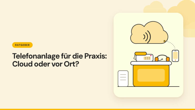 Empfangstresen mit Telefon und Headset, darüber eine Wolke, gestrichelte Linie zu einem Smartphone - Cloud-Telefonanlage für die Arztpraxis