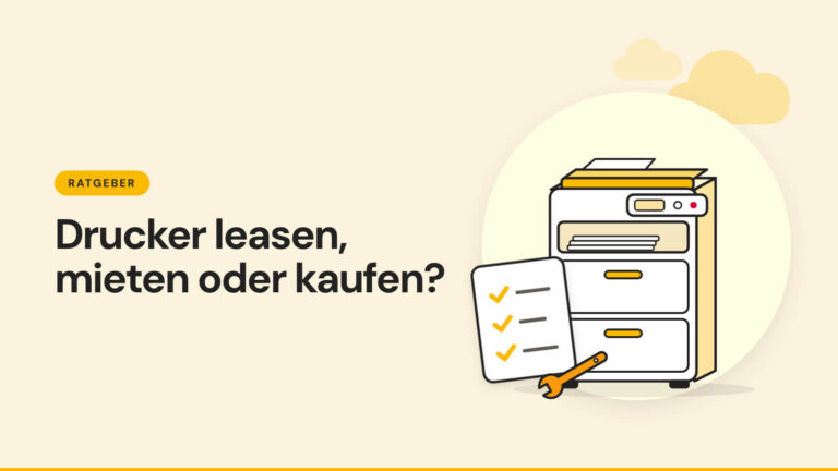 Multifunktionsgerät mit Papierstapel, daneben ein Vertragsblatt mit Häkchen und ein Schraubenschlüssel - Drucker leasen, mieten oder kaufen
