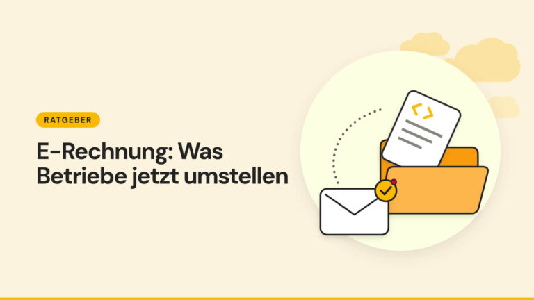 Rechnungsblatt mit Code-Klammern, das in einen Ordner gleitet, daneben ein Briefumschlag mit Häkchen - E-Rechnung-Pflicht für Betriebe