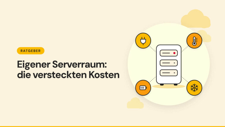 Serverschrank mit Stecker, Thermometer, Schneeflocke und Batterie als Symbole für die Nebenkosten eines eigenen Serverraums