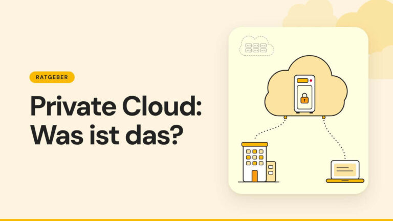 Wolke mit abgeschlossenem Serverschrank, verbunden mit Büro und Laptop - Private Cloud für kleine Betriebe
