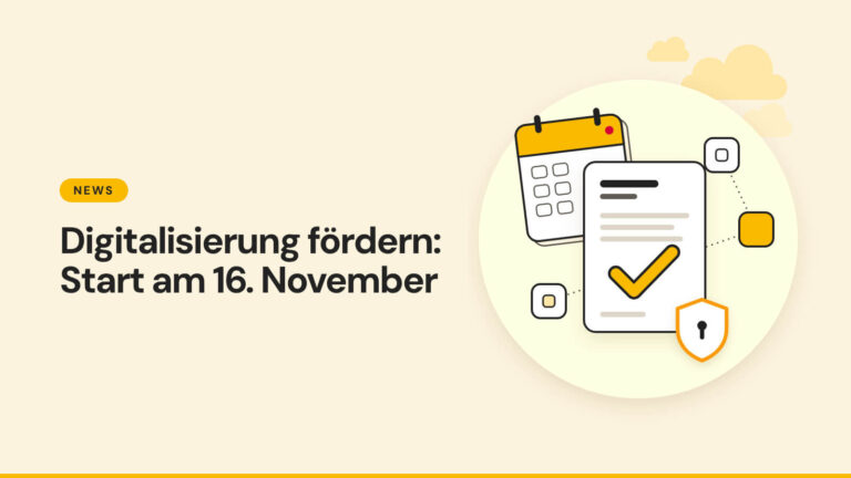 Antragsformular mit Häkchen, Schutzschild und vernetzten Bausteinen vor einem Kalenderblatt - Förderung für Digitalisierung in Sachsen-Anhalt