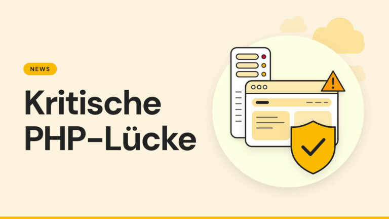 Browserfenster einer Website mit Warnsymbol, davor ein Schutzschild mit Haken und ein Server - Warnung vor kritischen PHP-Lücken